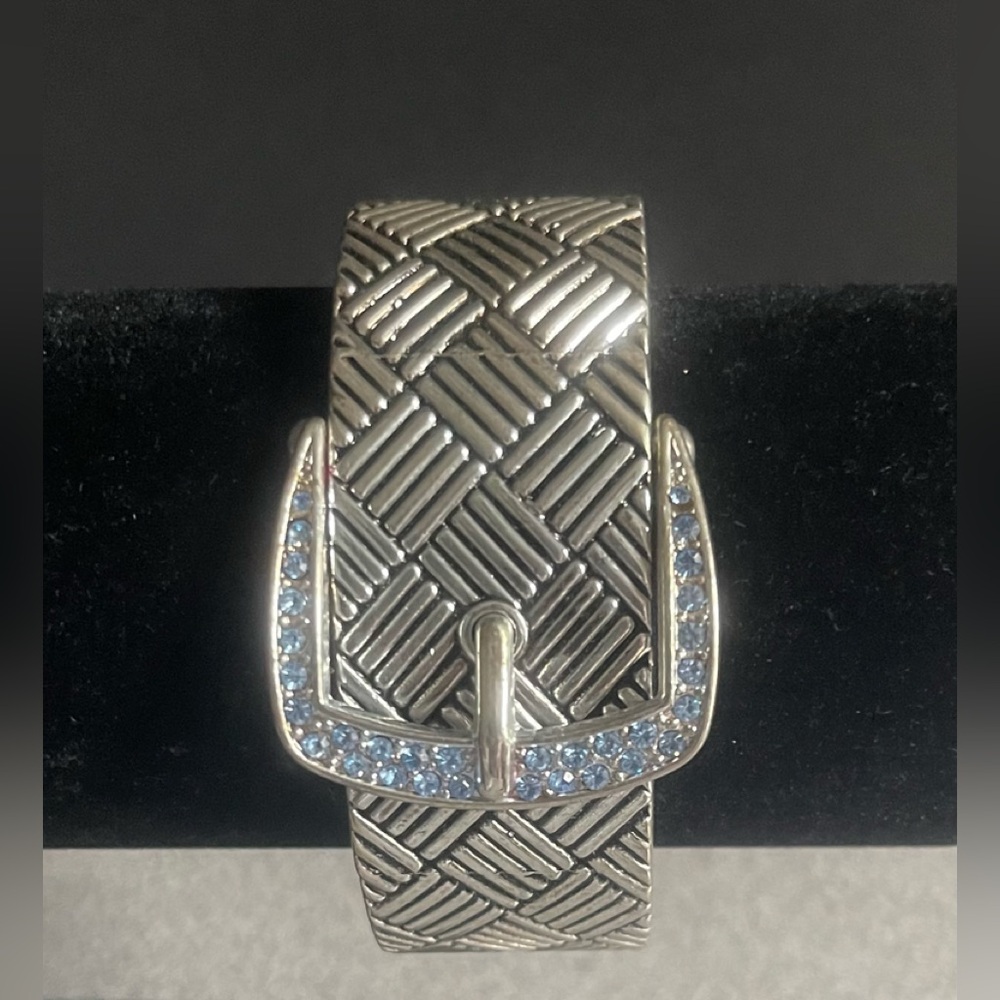 Silver Toned Metal Hinge Blue Crystal Buckle Bracelet
